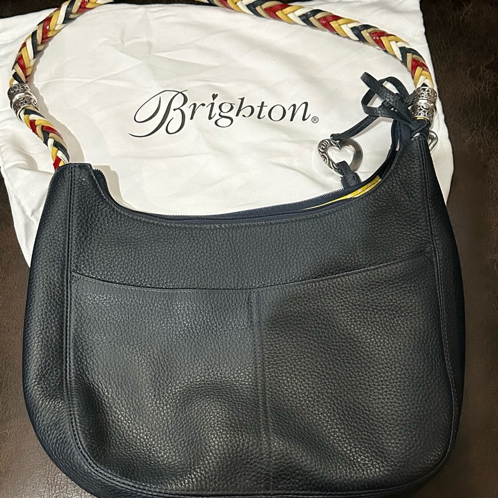 Brighton Large Barbados Navy Blu Leather Hobo Bag with Multicolor Braided Handle